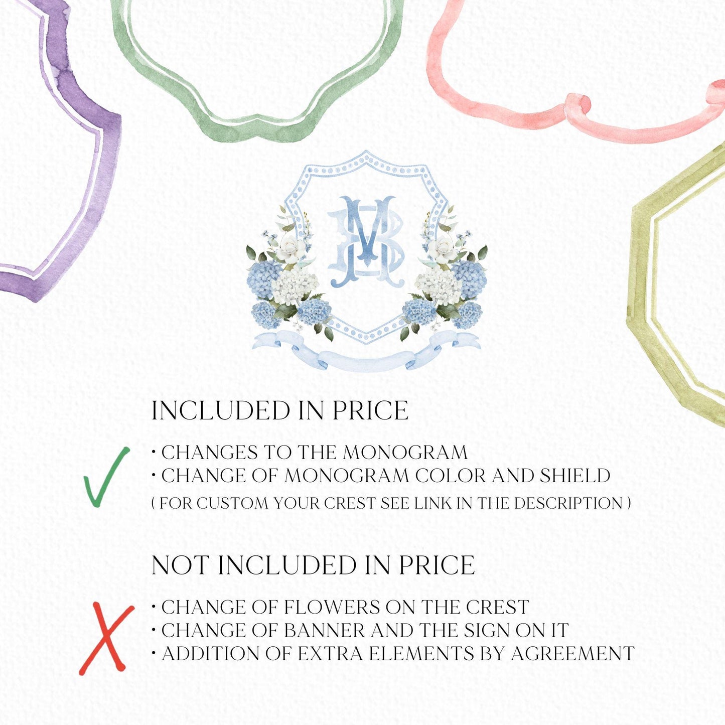 Blue White Hydrangea Flower Wedding Crest - Monogram Crest - Hydrangea Floral Luxury Watercolor Wedding Crest - Romantic Wedding Crest