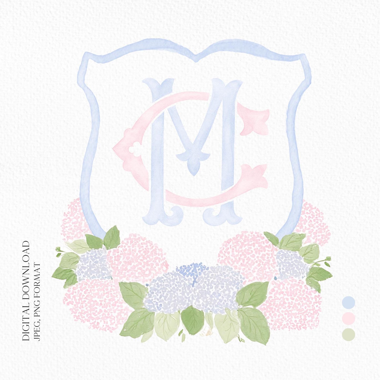 Pink Light Blue Hydrangea Flower Wedding Crest - Monogram Crest - Blue Hydrangea Floral Watercolor Wedding Crest - Romantic Wedding Crest