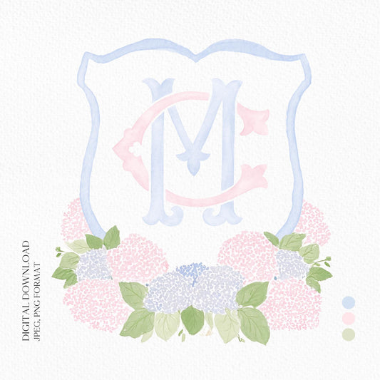 Pink Light Blue Hydrangea Flower Wedding Crest - Monogram Crest - Blue Hydrangea Floral Watercolor Wedding Crest - Romantic Wedding Crest