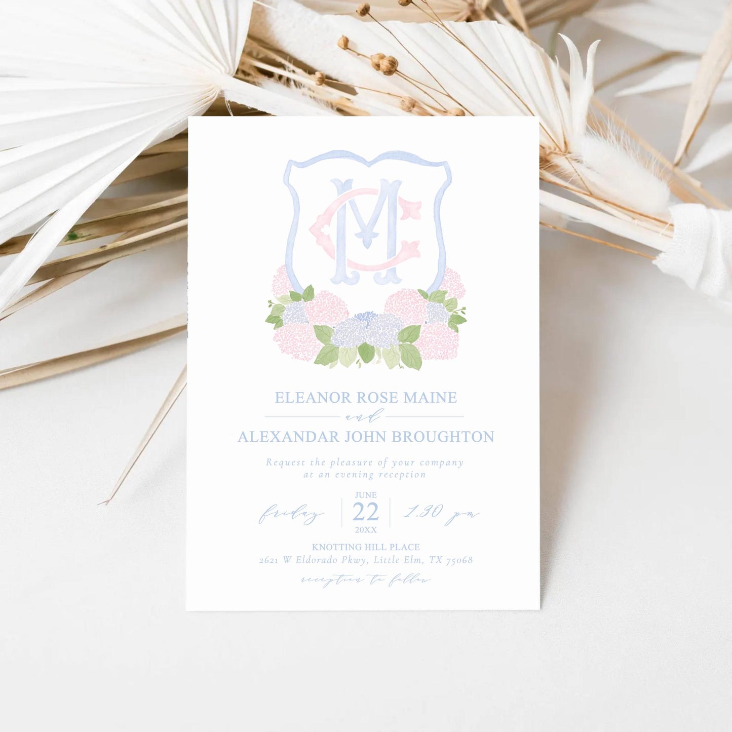 Pink Light Blue Hydrangea Flower Wedding Crest - Monogram Crest - Blue Hydrangea Floral Watercolor Wedding Crest - Romantic Wedding Crest