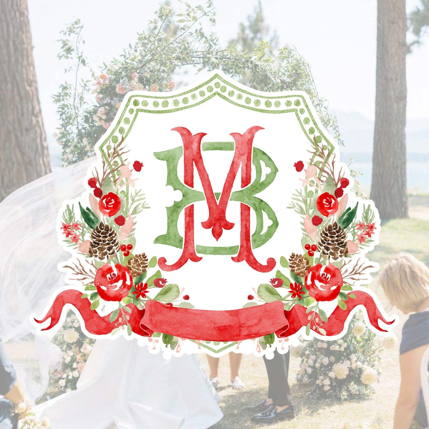Custom Monogram Christmas Wedding Crest - Rose Hips Floral Watercolor - Winter Christmas Watercolors Crests