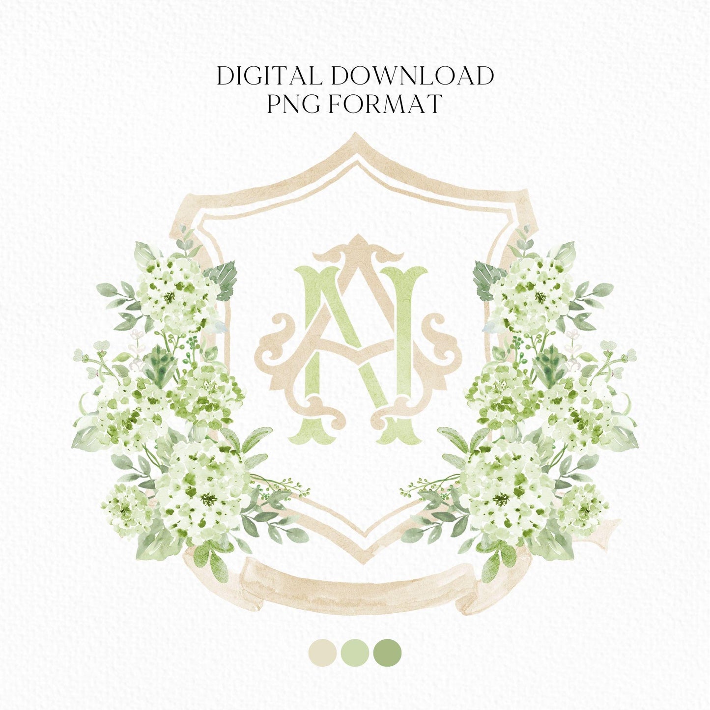Hydrangea Green Cream WildFlower Wedding Crest - Monogram Crest - Hydrangea Floral Luxury Watercolor Wedding Crest - Romantic Wedding Crest