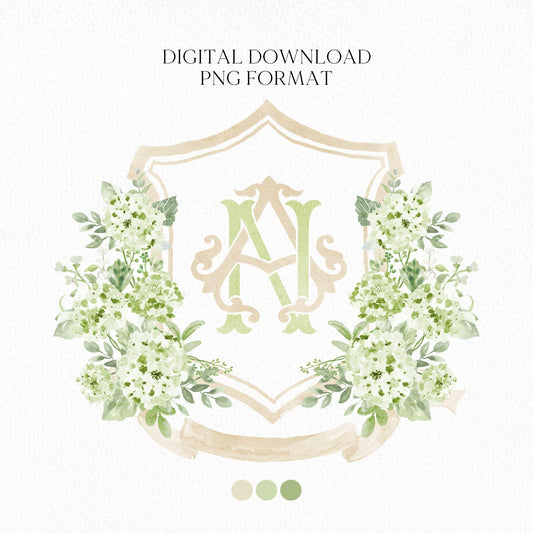 Hydrangea Green Cream WildFlower Wedding Crest - Monogram Crest - Hydrangea Floral Luxury Watercolor Wedding Crest - Romantic Wedding Crest