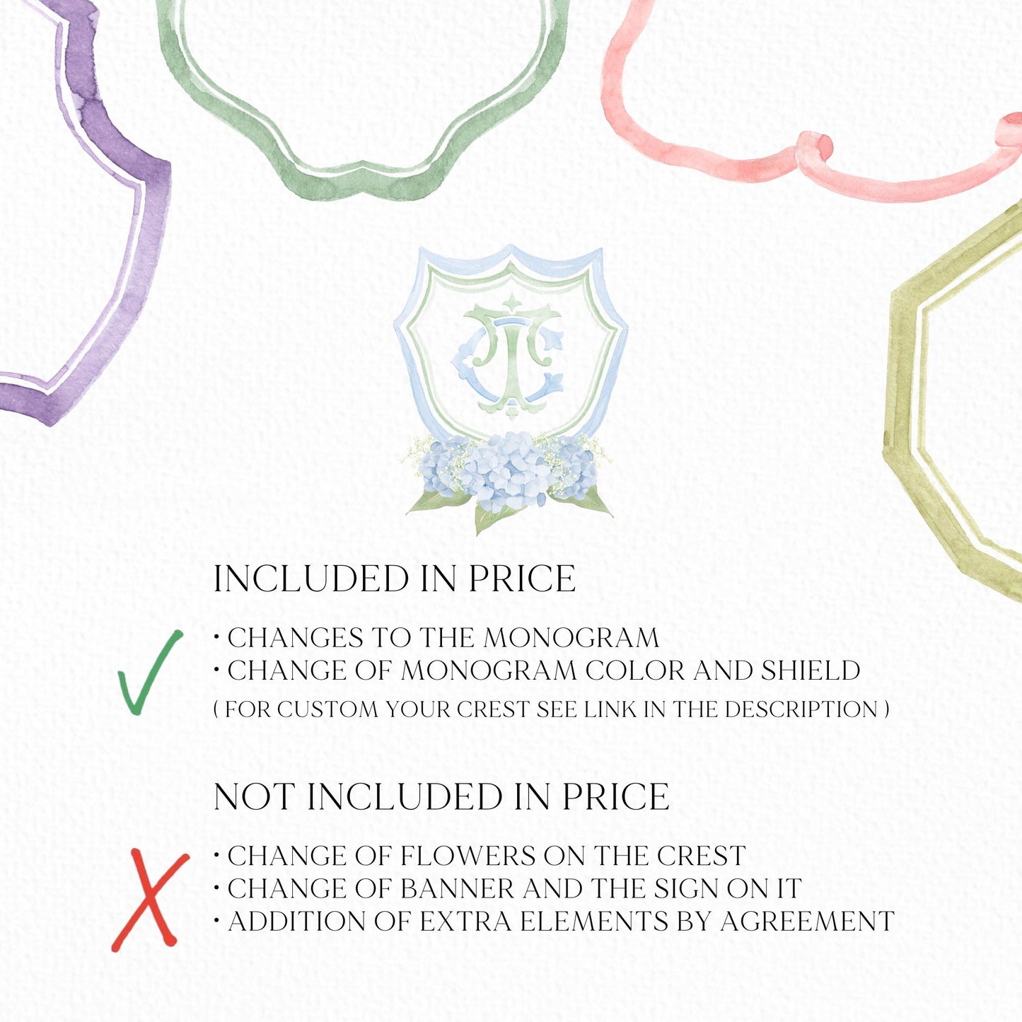 Hydrangea Flower Sage Green Baby's Breath Wedding Crest - Monogram Crest - Hydrangea Light Blue Floral Luxury Watercolor Wedding Crest