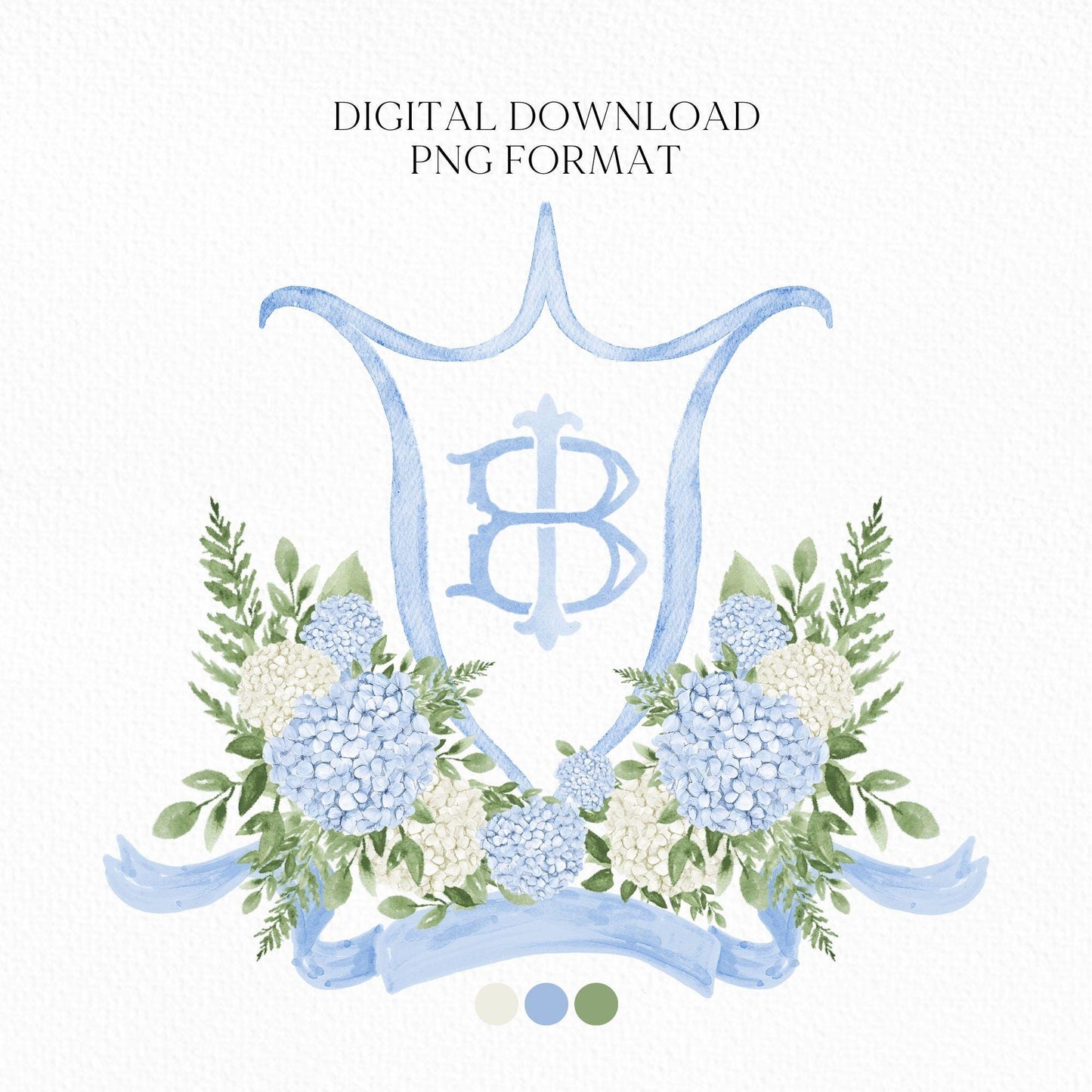 White Blue Hydrangea Flower Wedding Crest - Monogram Crest - Hydrangea Floral Luxury Watercolor Wedding Crest - Romantic Wedding Crest