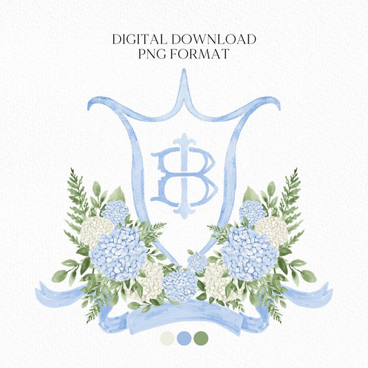White Blue Hydrangea Flower Wedding Crest - Monogram Crest - Hydrangea Floral Luxury Watercolor Wedding Crest - Romantic Wedding Crest