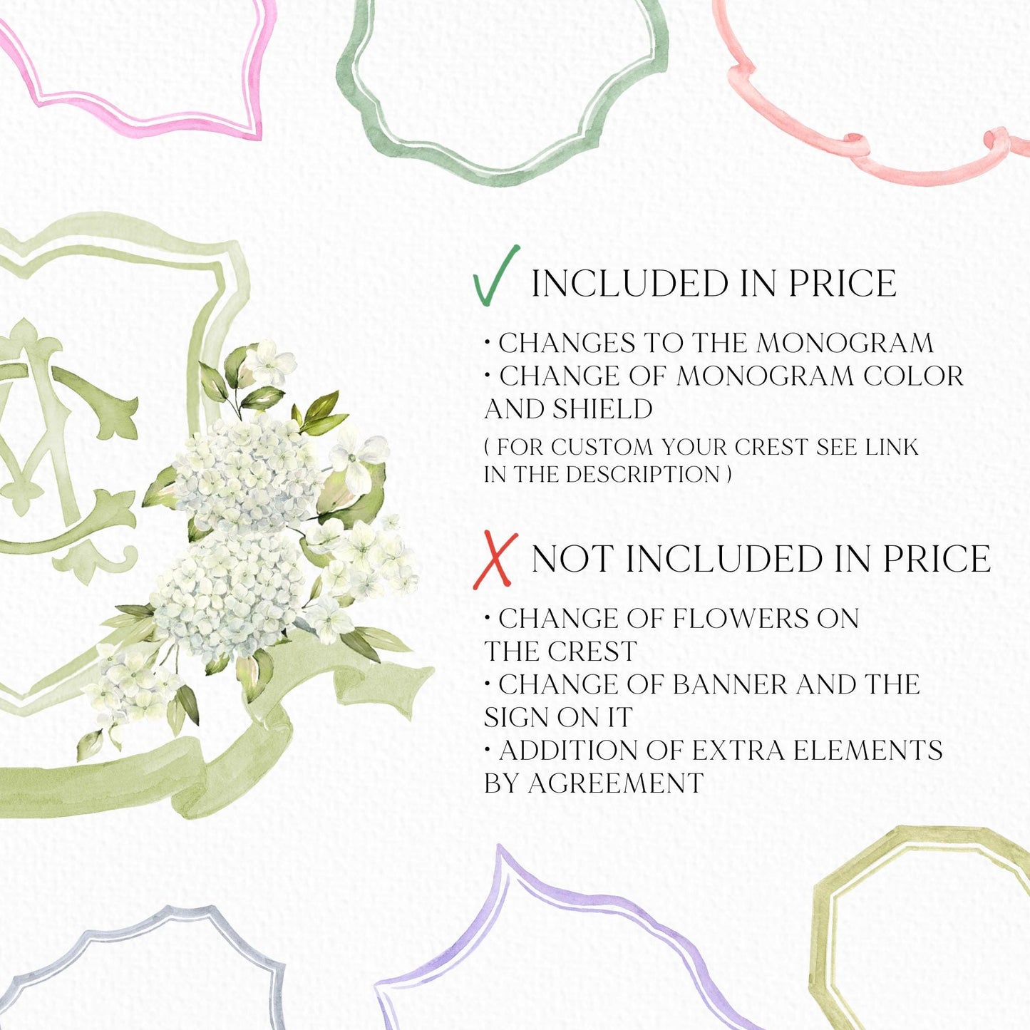 White Hydrangea Flower Wedding Crest - Monogram Crest - Hydrangea Floral Luxury Watercolor Wedding Crest - Romantic Wedding Crest