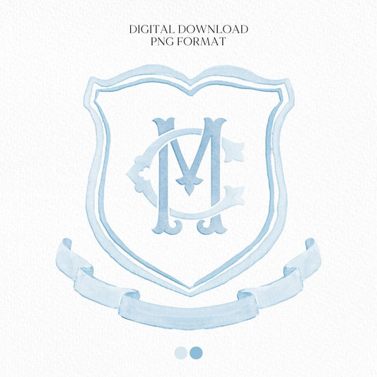 Blue Modern Classic Wedding Crest - Monogram Crest - Watercolor Wedding Crest - Romantic Wedding Crest - Custom Monogram Initial Letters