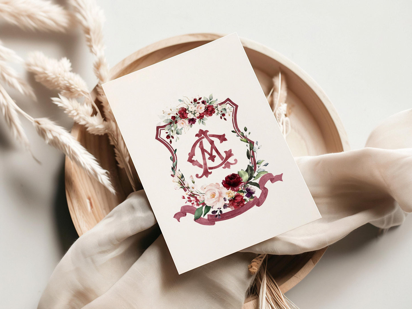 Geometric Burgundy blush Pink Floral Wedding Crest - Monogram Crest - Burgundy Floral Watercolor Wedding Crest - Romantic Wedding Crest
