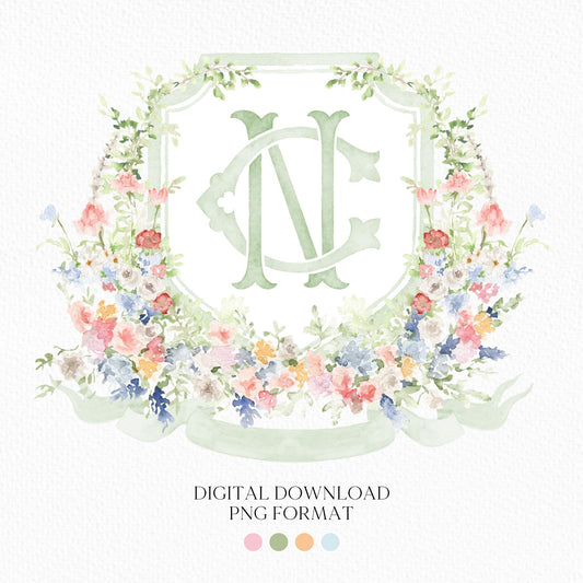Watercolor Garden Floral Colorful Watercolor Wedding Crest - Monogram Crest - Floral Watercolor Wedding Crest - Romantic Wedding Crest