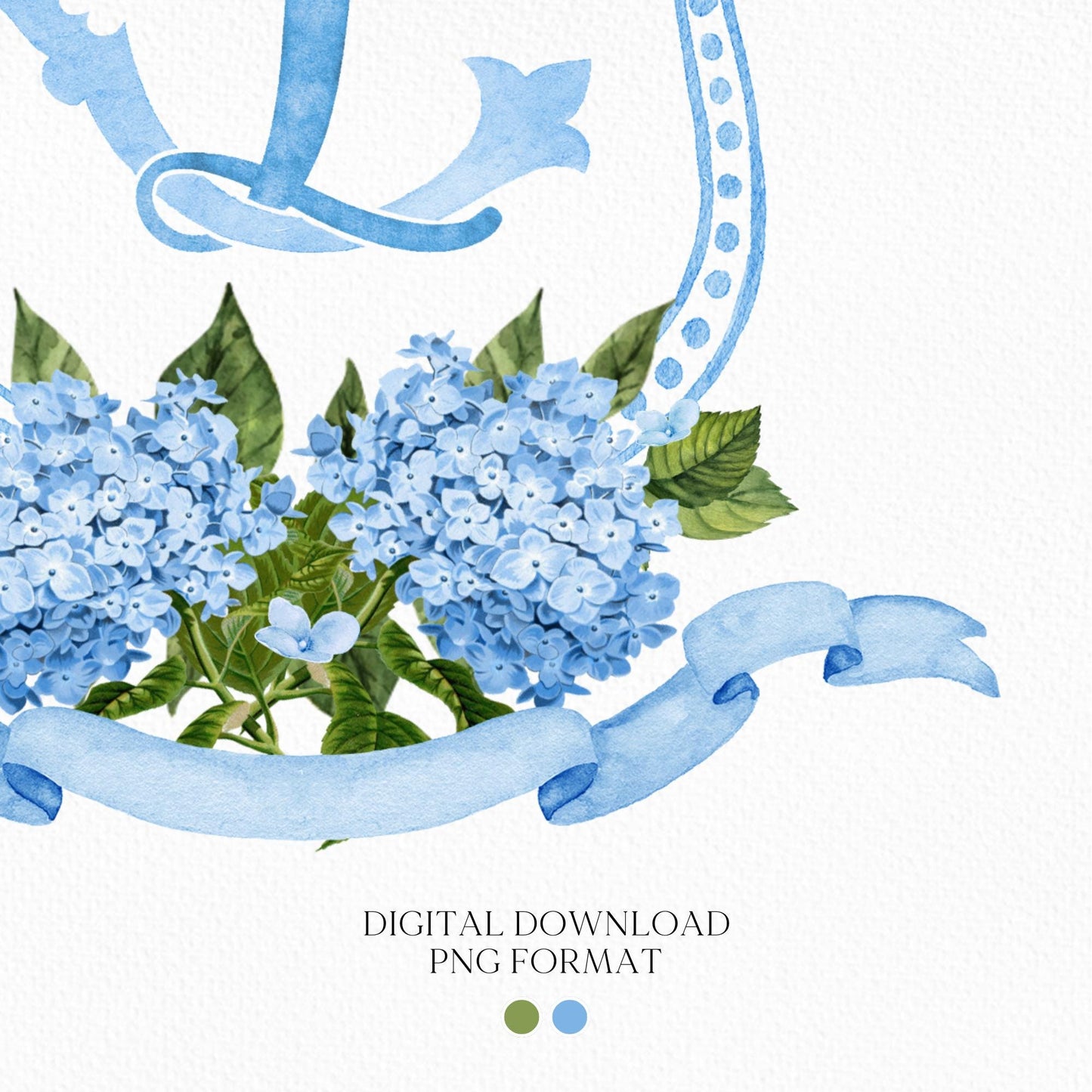 Blue Hydrangea Flower Wedding Crest - Monogram Crest - Hydrangea Floral Luxury Watercolor Wedding Crest - Romantic Wedding Crest