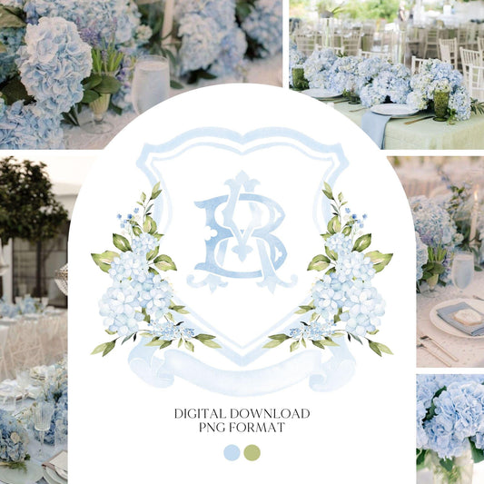 Light Blue Hydrangea Flower Wedding Crest - Monogram Crest - Hydrangea Floral Luxury Watercolor Wedding Crest - Romantic Wedding Crest