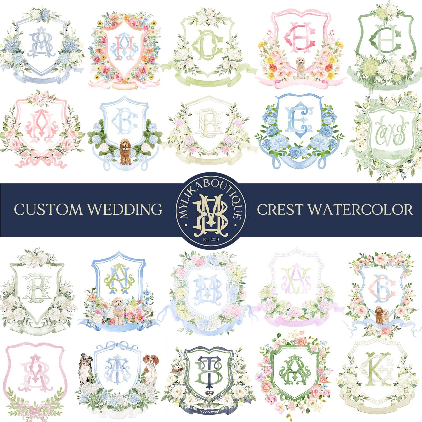 Blue Hydrangea Roses Flower Greenery Wedding Crest - Monogram Crest - White Cream Roses Floral