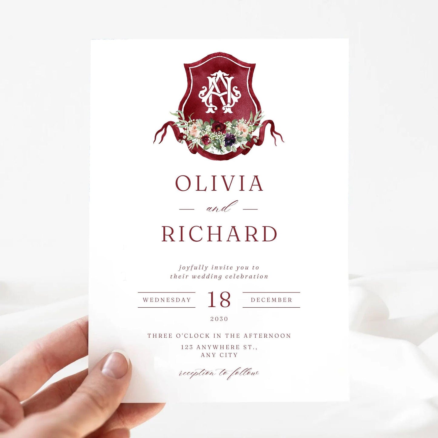 Burgundy Blush Rustic Greenery Flower Wedding Crest - Monogram Crest - Floral Luxury Watercolor Wedding Crest - Romantic Wedding Crest