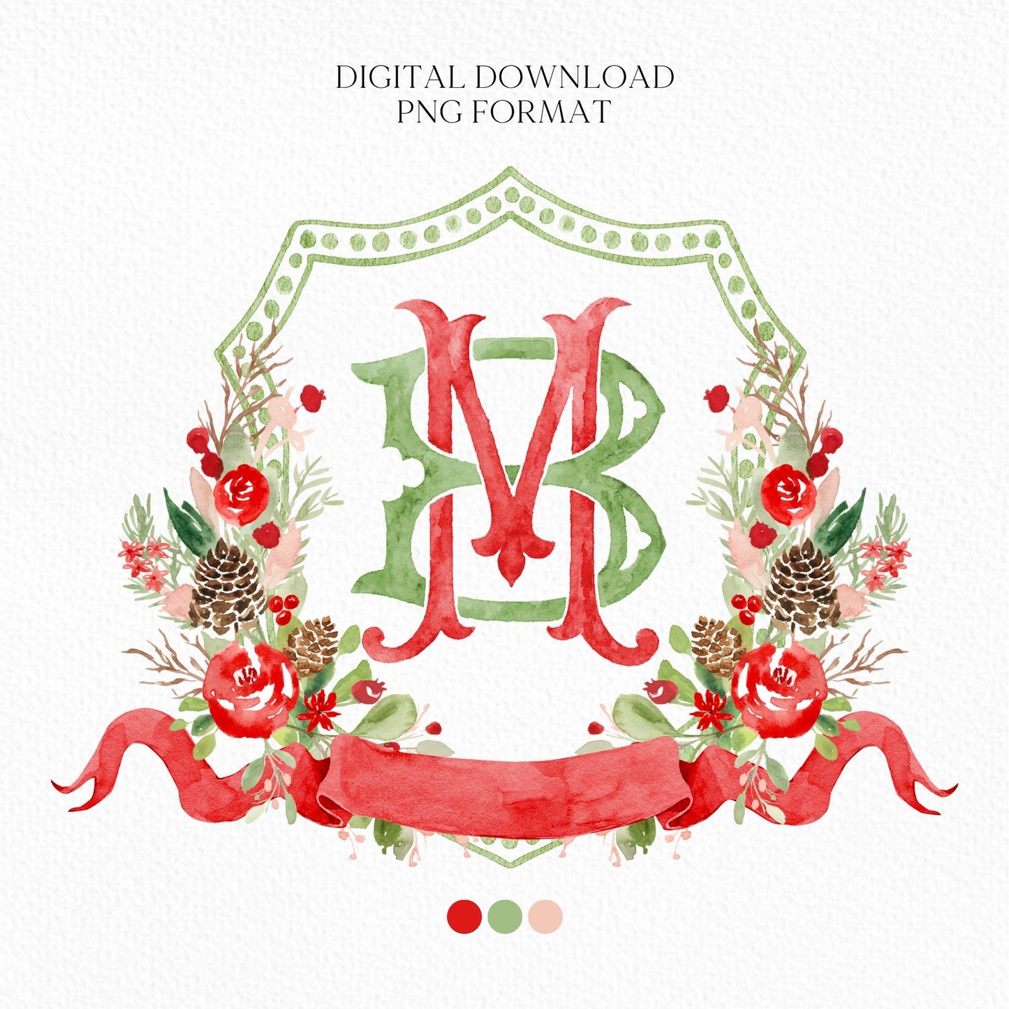 Custom Monogram Christmas Wedding Crest - Rose Hips Floral Watercolor - Winter Christmas Watercolors Crests