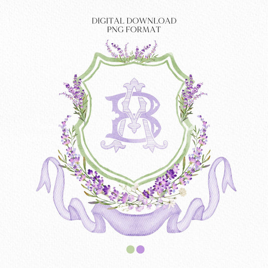 Lilac Lavender Purple Flower Wedding Crest - Monogram Crest - lavender purple Floral Luxury Watercolor Wedding Crest, Romantic Wedding Crest