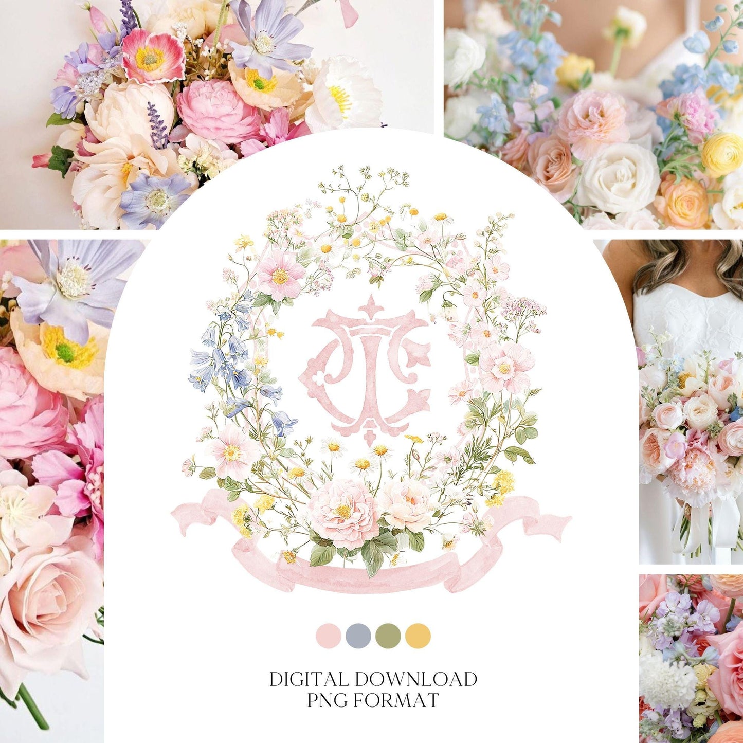 Pastel Wildflowers Light Pink Watercolor Wedding Crest - Monogram Crest - Floral Watercolor Wedding Crest - Romantic Wedding Crest
