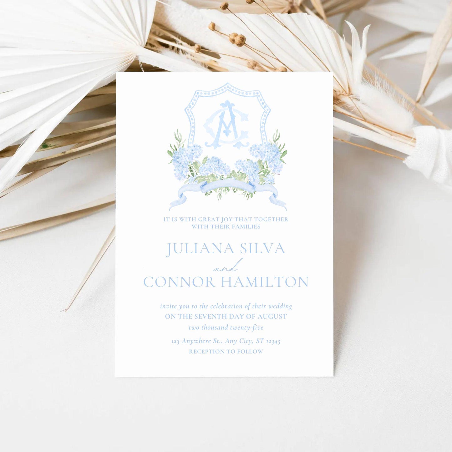 Blue Hydrangea Flower Wedding Crest - Monogram Crest - Hydrangea Light Blue Floral Luxury Watercolor Wedding Crest - Romantic Wedding Crest