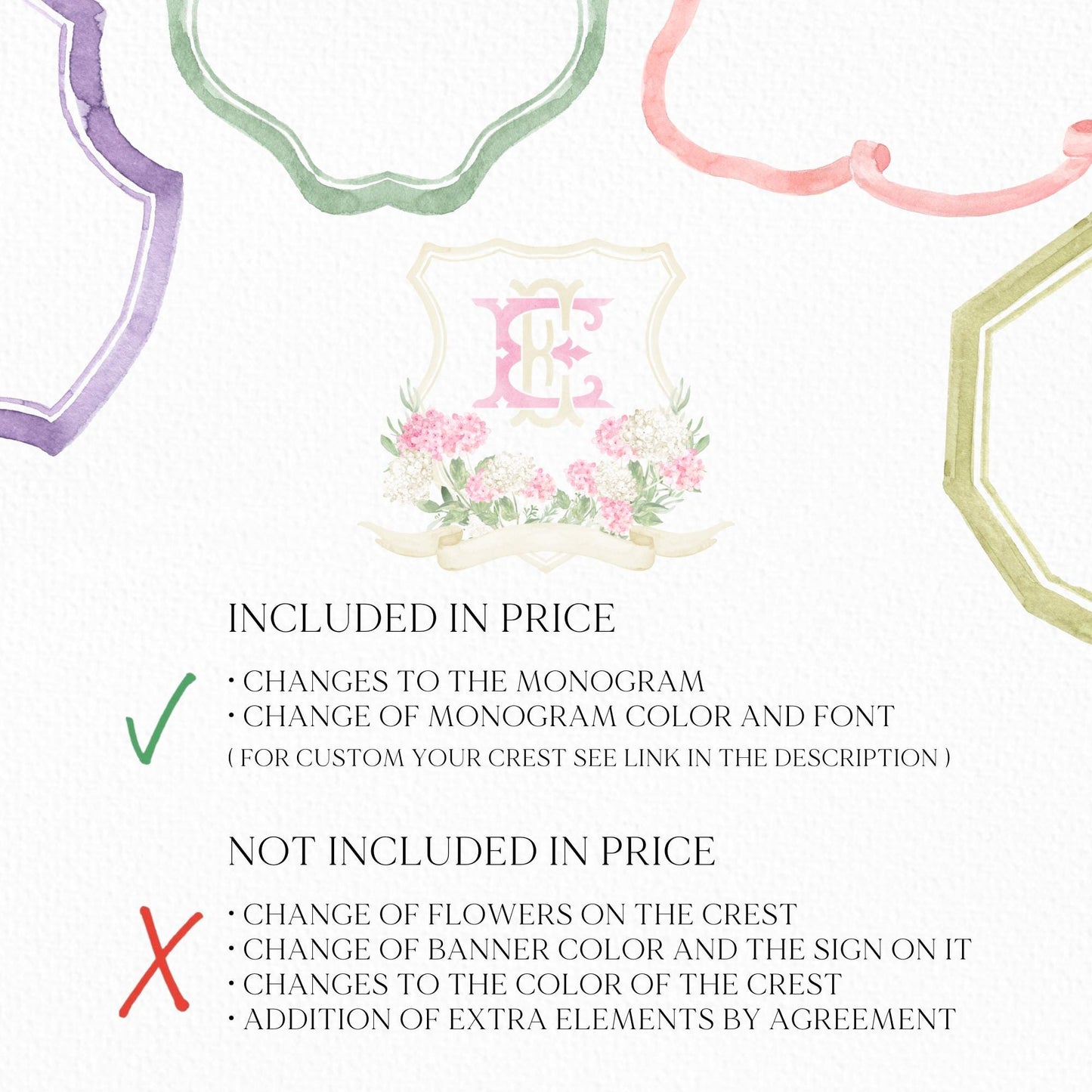 Pink White Hydrangea Flower Wedding Crest - Monogram Crest - Hydrangea Pink Floral Luxury Watercolor Wedding Crest - Romantic Wedding Crest