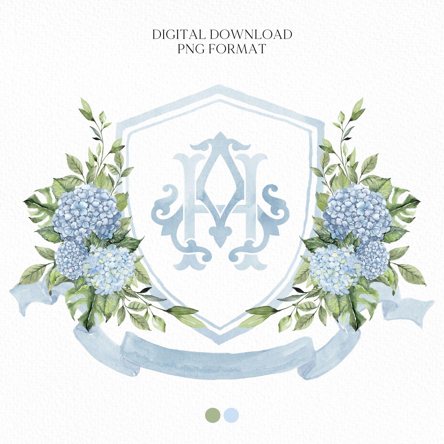 Blue Hydrangea Flower Wedding Crest - Monogram Crest - Hydrangea Floral Luxury Watercolor Wedding Crest - Romantic Wedding Crest
