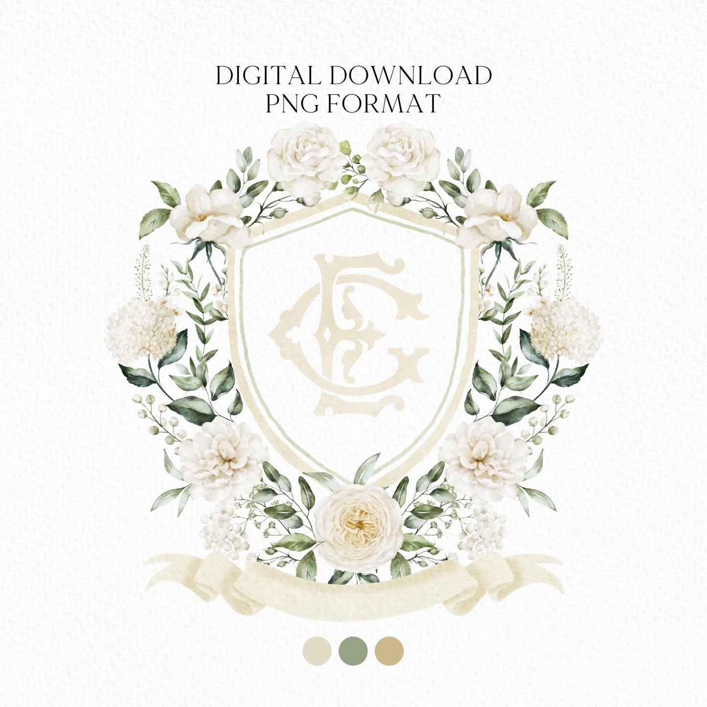 White Rose Greenery Hydrangea Flower Wedding Crest - Monogram Crest - Hydrangea White Floral Watercolor Wedding Crest Romantic Wedding Crest