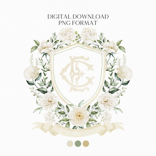 White Rose Greenery Hydrangea Flower Wedding Crest - Monogram Crest - Hydrangea White Floral Watercolor Wedding Crest Romantic Wedding Crest