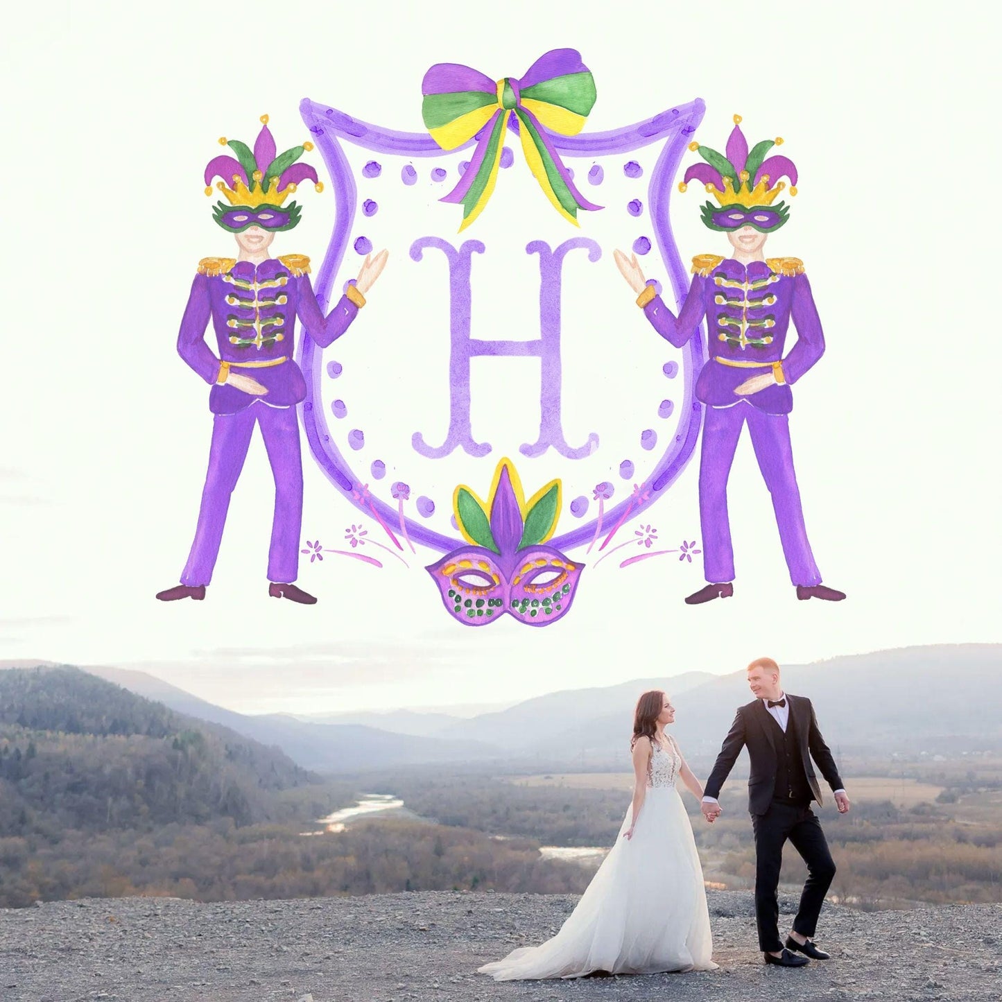 Mardi Gras New Orleans Crest Watercolor Wedding Crest - Monogram Crest - Mardi Gras Watercolor Wedding Crest Romantic Wedding Crest