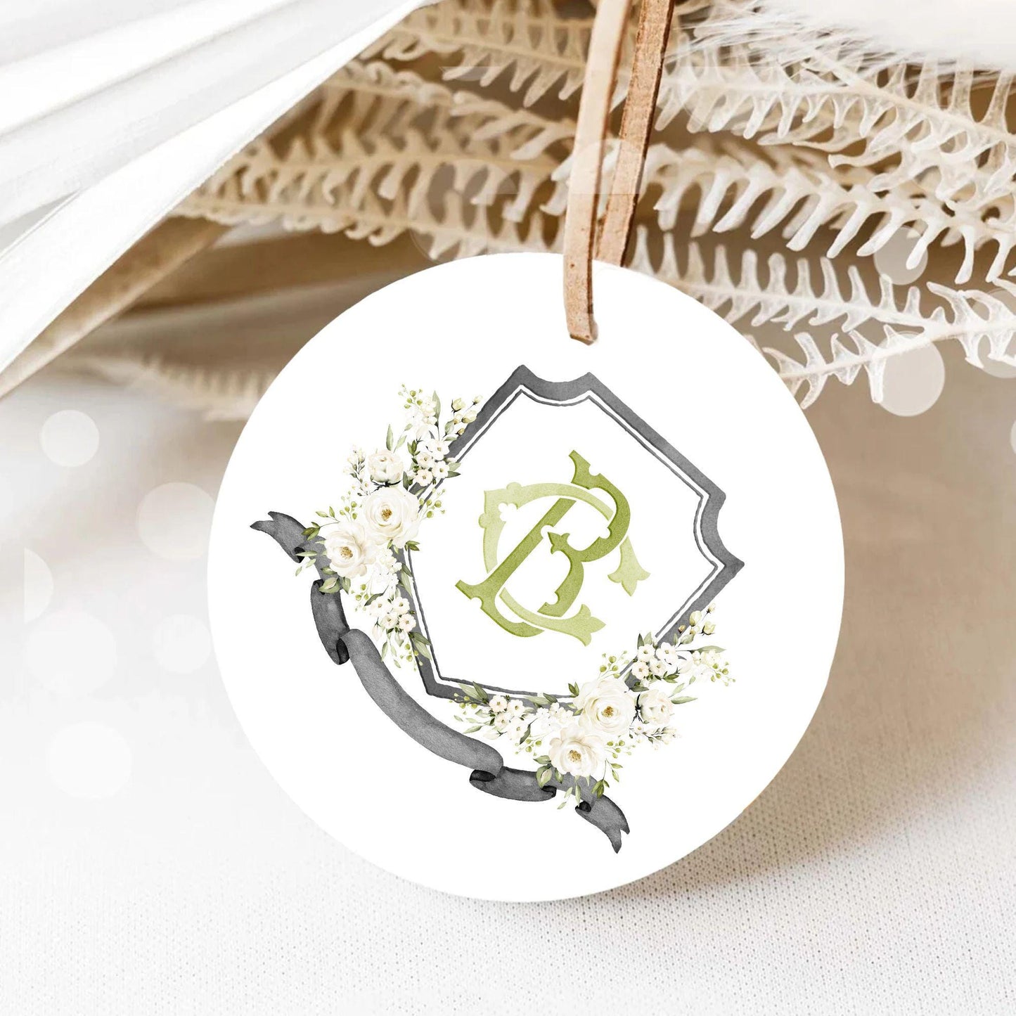 Creamy Rose Ivory Greenery White Flower Wedding Crest - Monogram Crest - White Floral Watercolor Wedding Crest - Romantic Wedding Crest