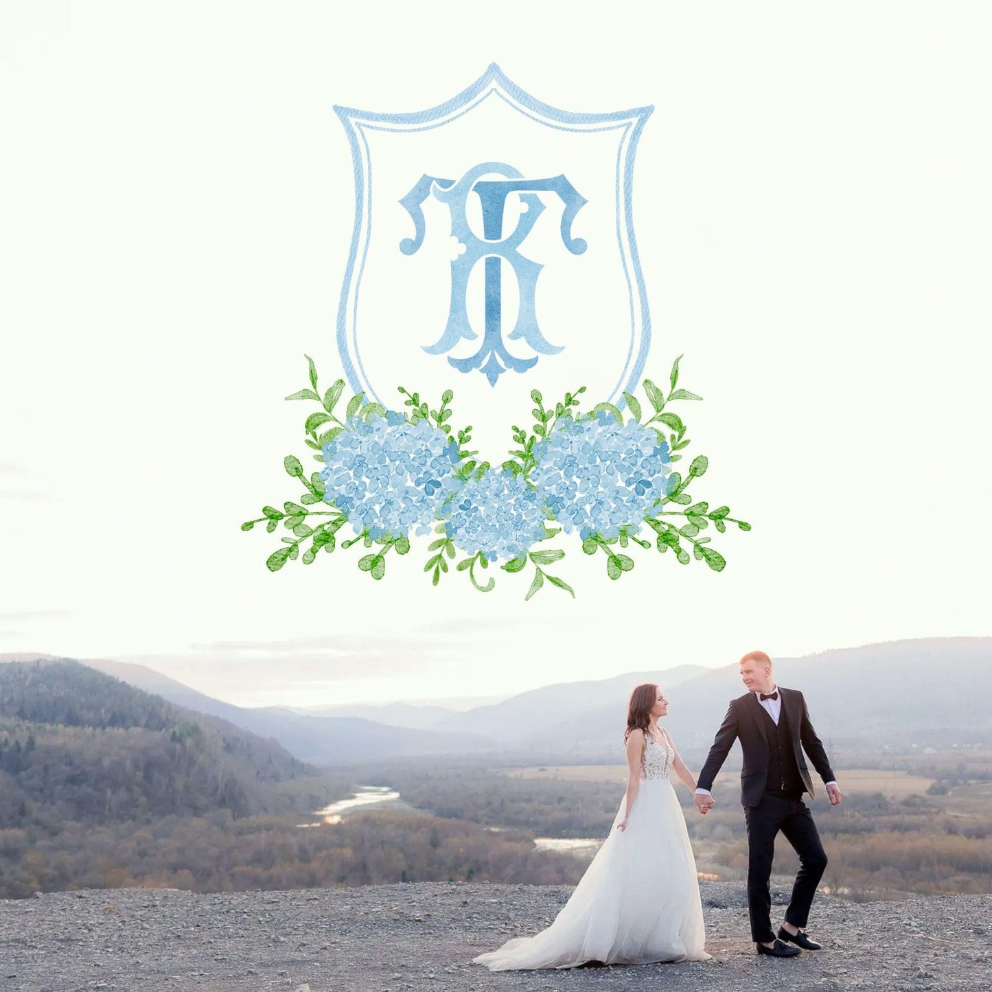 Blue Hydrangea Flower Greenery Wedding Crest - Monogram Crest - Hydrangea Floral Luxury Watercolor Wedding Crest - Romantic Wedding Crest