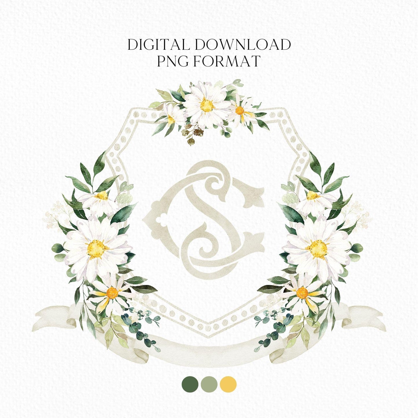 Daisy Greenery Flower Wedding Crest - Monogram Crest - Daisy Floral Luxury Watercolor Wedding Crest - Romantic Wedding Crest