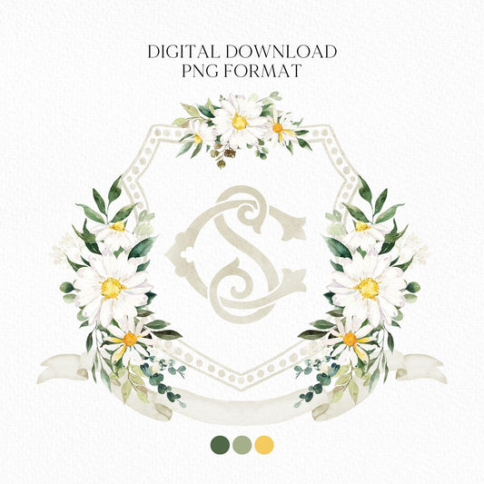 Daisy Greenery Flower Wedding Crest - Monogram Crest - Daisy Floral Luxury Watercolor Wedding Crest - Romantic Wedding Crest