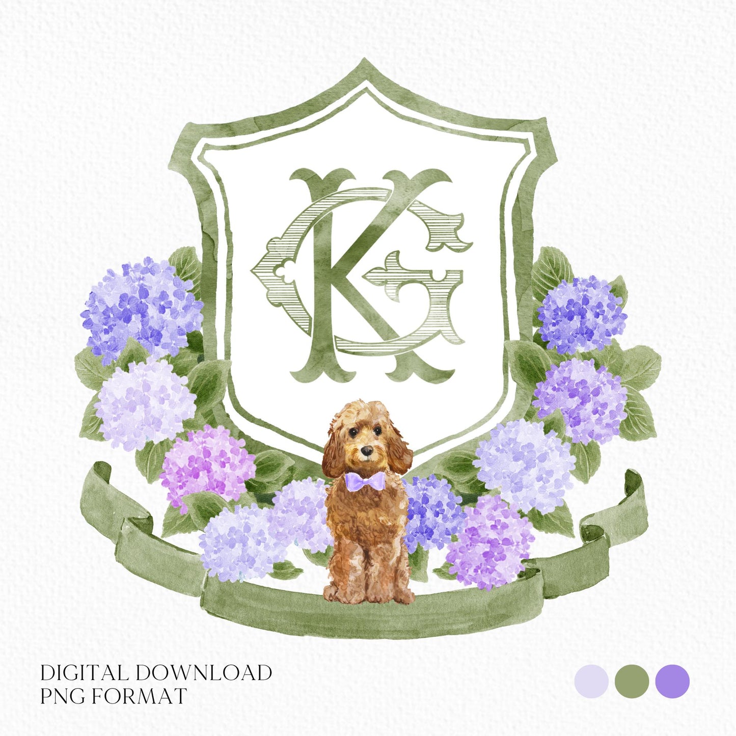Blue, Pink & Purple Hydrangea Flower Wedding Crest - Monogram Crest - Hydrangea Floral Watercolor Wedding Crest - Romantic Wedding Crest