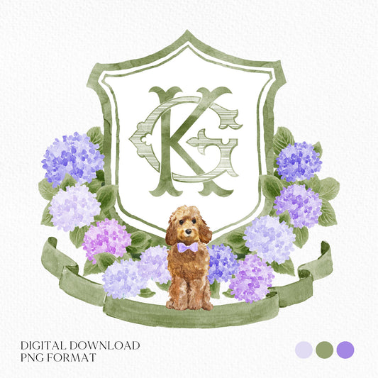 Blue, Pink & Purple Hydrangea Flower Wedding Crest - Monogram Crest - Hydrangea Floral Watercolor Wedding Crest - Romantic Wedding Crest
