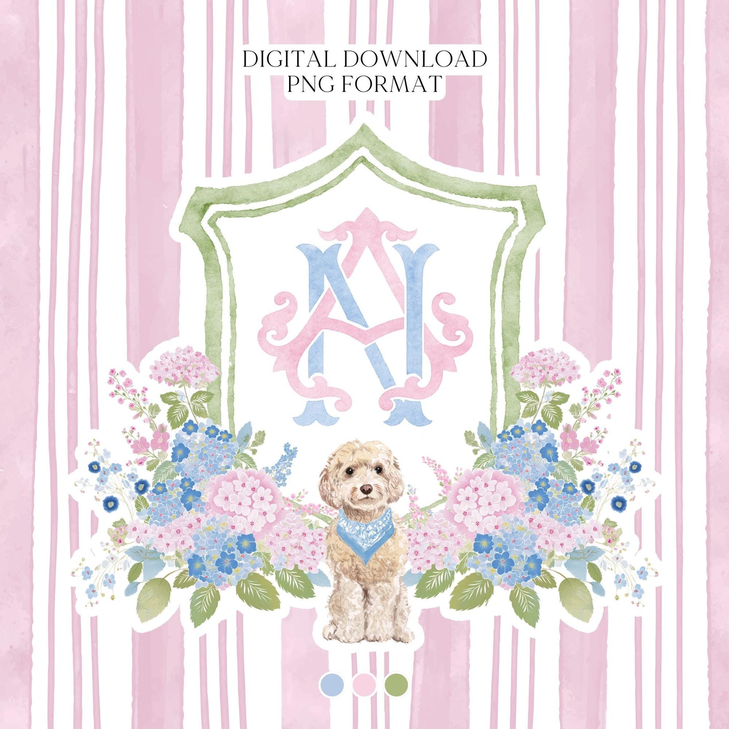 Hydrangea Blue Pink Wedding Family Crest - Light Pink Blue Hydrangea Flower Wedding Crest - Monogram Crest