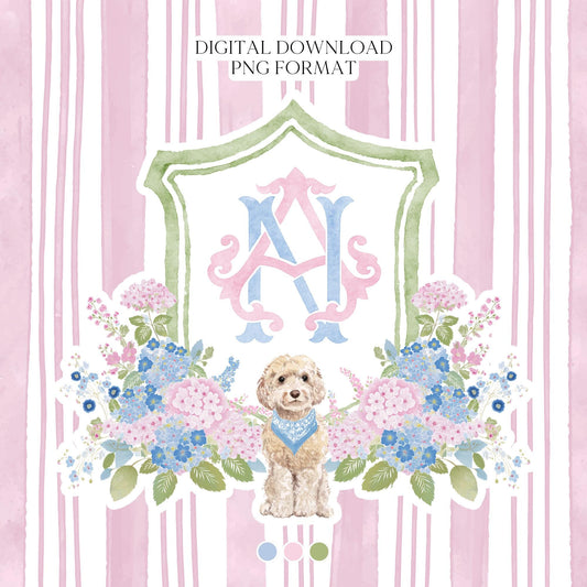 Hydrangea Blue Pink Wedding Family Crest - Light Pink Blue Hydrangea Flower Wedding Crest - Monogram Crest