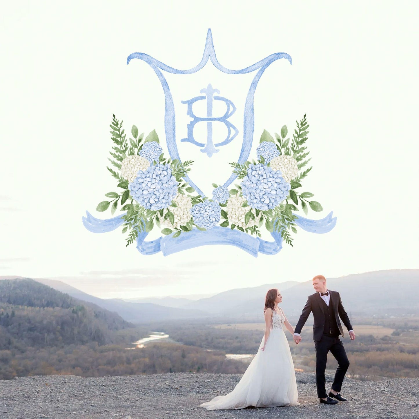 White Blue Hydrangea Flower Wedding Crest - Monogram Crest - Hydrangea Floral Luxury Watercolor Wedding Crest - Romantic Wedding Crest