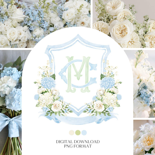 Blue Hydrangea Roses Flower Greenery Wedding Crest - Monogram Crest - White Cream Roses Floral