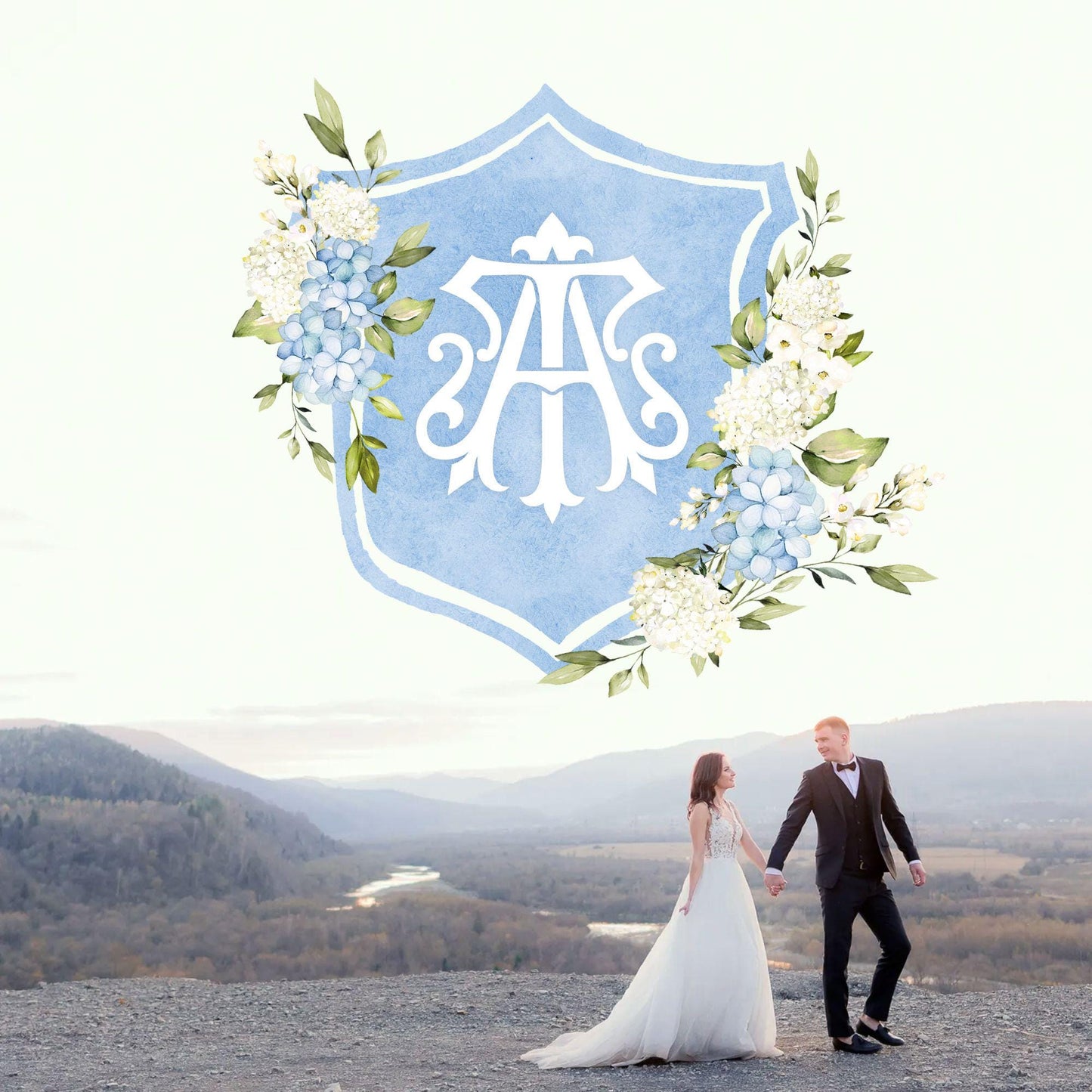 Hydrangea Flower Wedding Crest - Monogram Crest - Hydrangea Floral Luxury Watercolor Wedding Crest - Romantic Wedding Crest- Boho Hydrangea