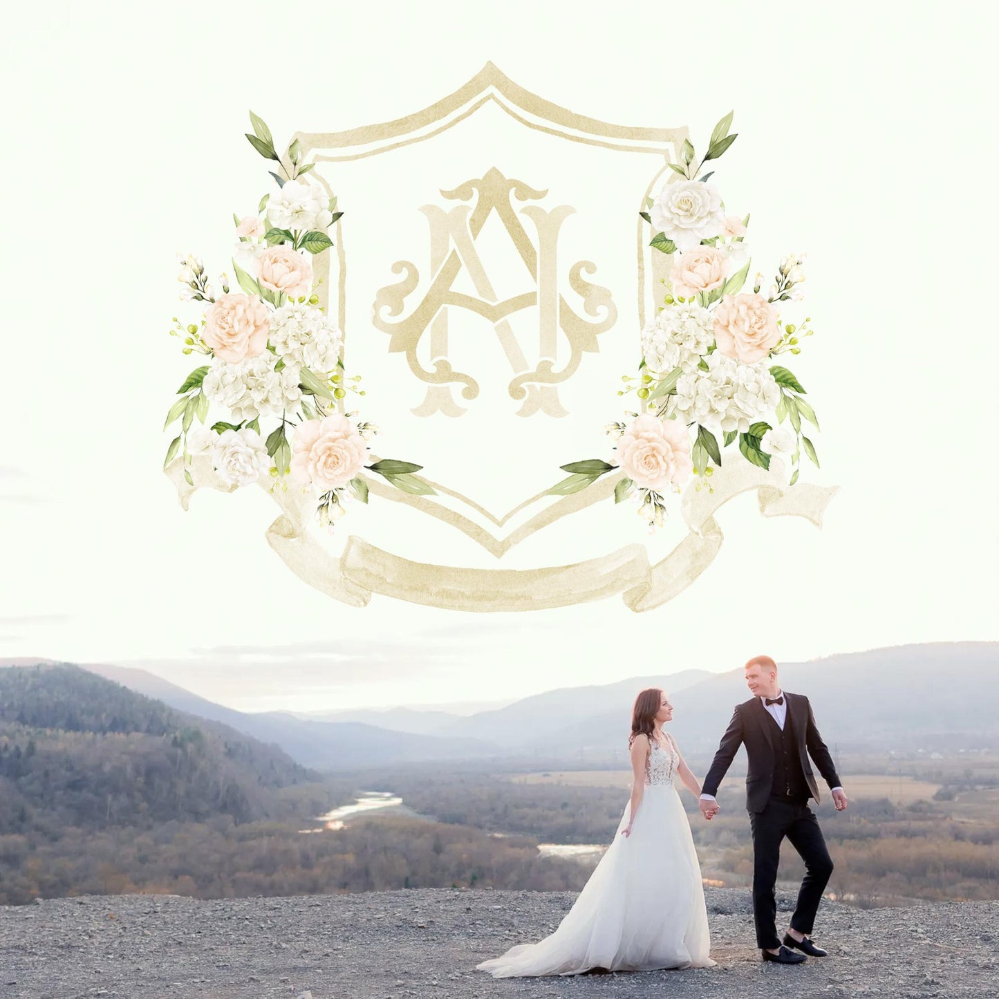 White Hydrangea Flower Wedding Crest - Monogram Crest - Peony Blush Rose Hydrangea Floral Luxury Watercolor Wedding Crest