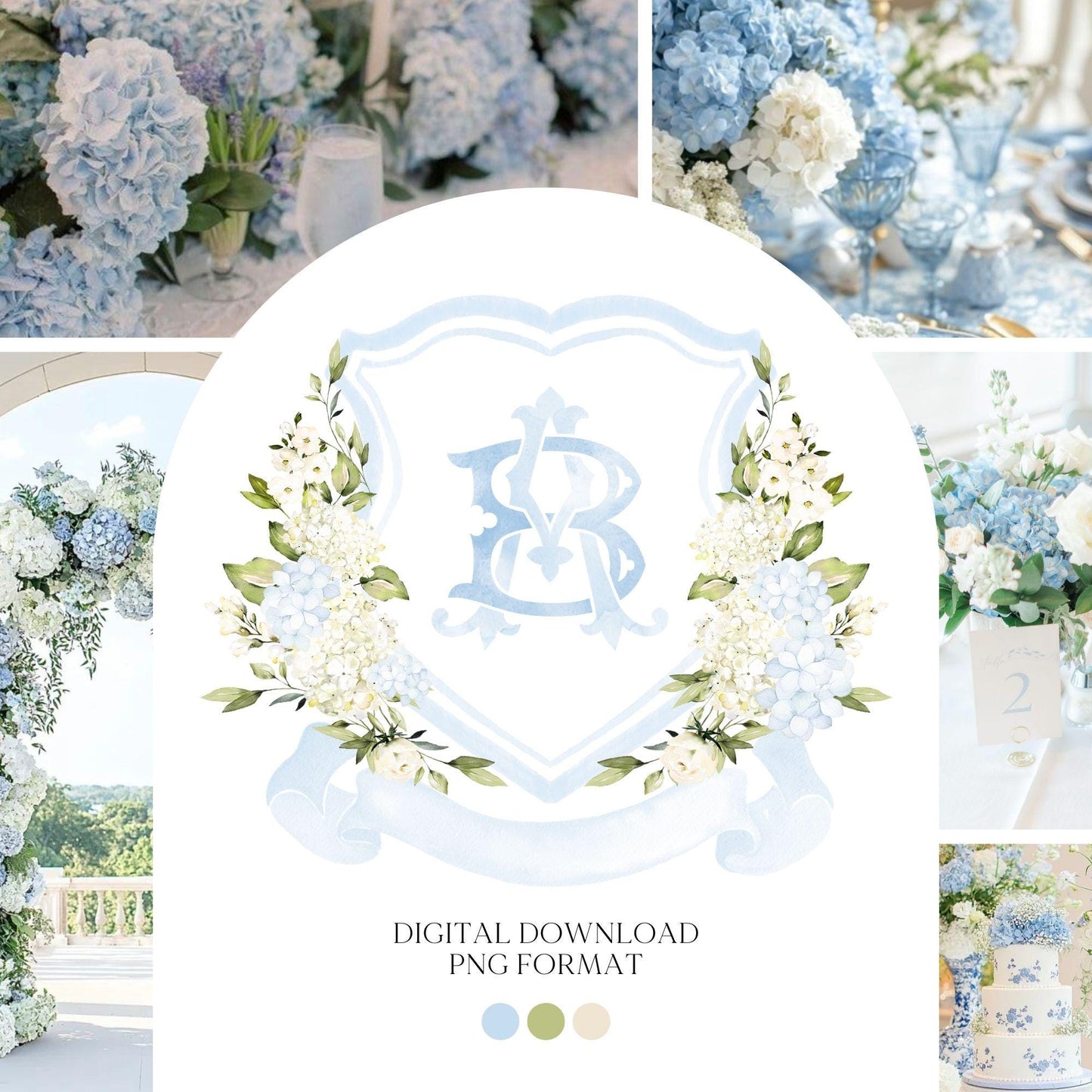 White Blue Hydrangea Flower Wedding Crest - Monogram Crest - Hydrangea Floral Watercolor Wedding Crest - Romantic Wedding Crest - Hydrangea