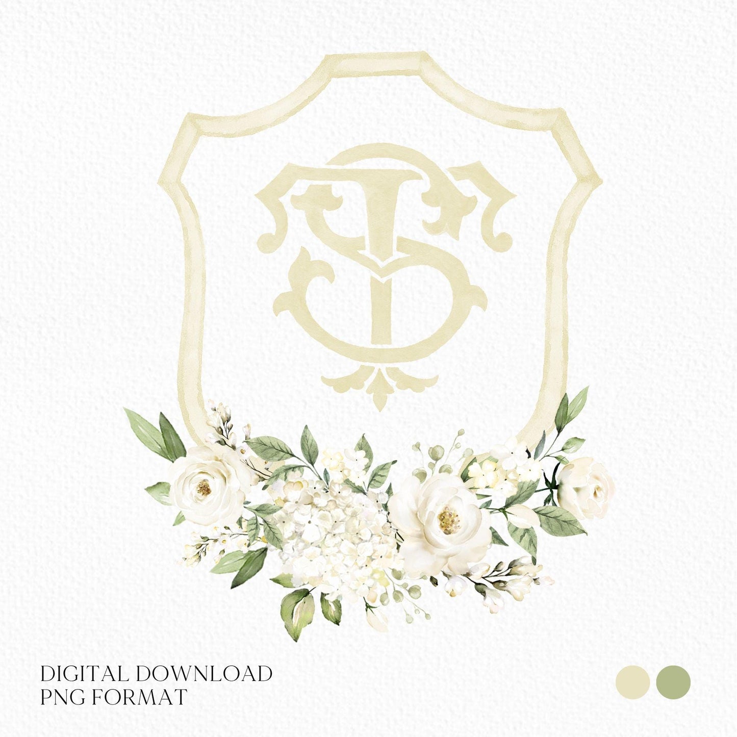 White Rose Greenery White Flower Wedding Crest - Monogram Crest - White Floral Watercolor Wedding Crest - Romantic Wedding Crest