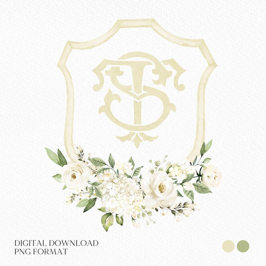 White Rose Greenery White Flower Wedding Crest - Monogram Crest - White Floral Watercolor Wedding Crest - Romantic Wedding Crest
