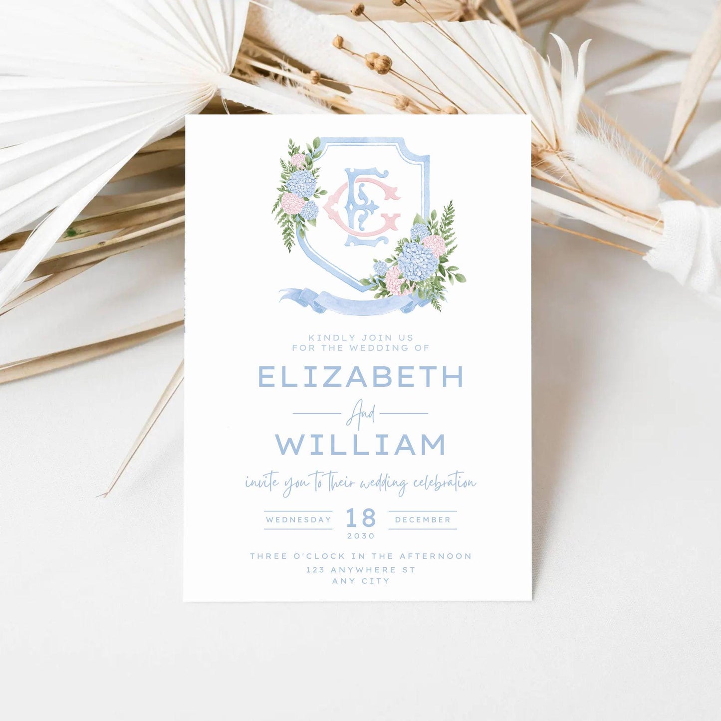 Blue Pink Hydrangea Flower Wedding Crest - Monogram Crest - Eucalyptus Greenery Hydrangea Floral Luxury Watercolor Wedding Crest