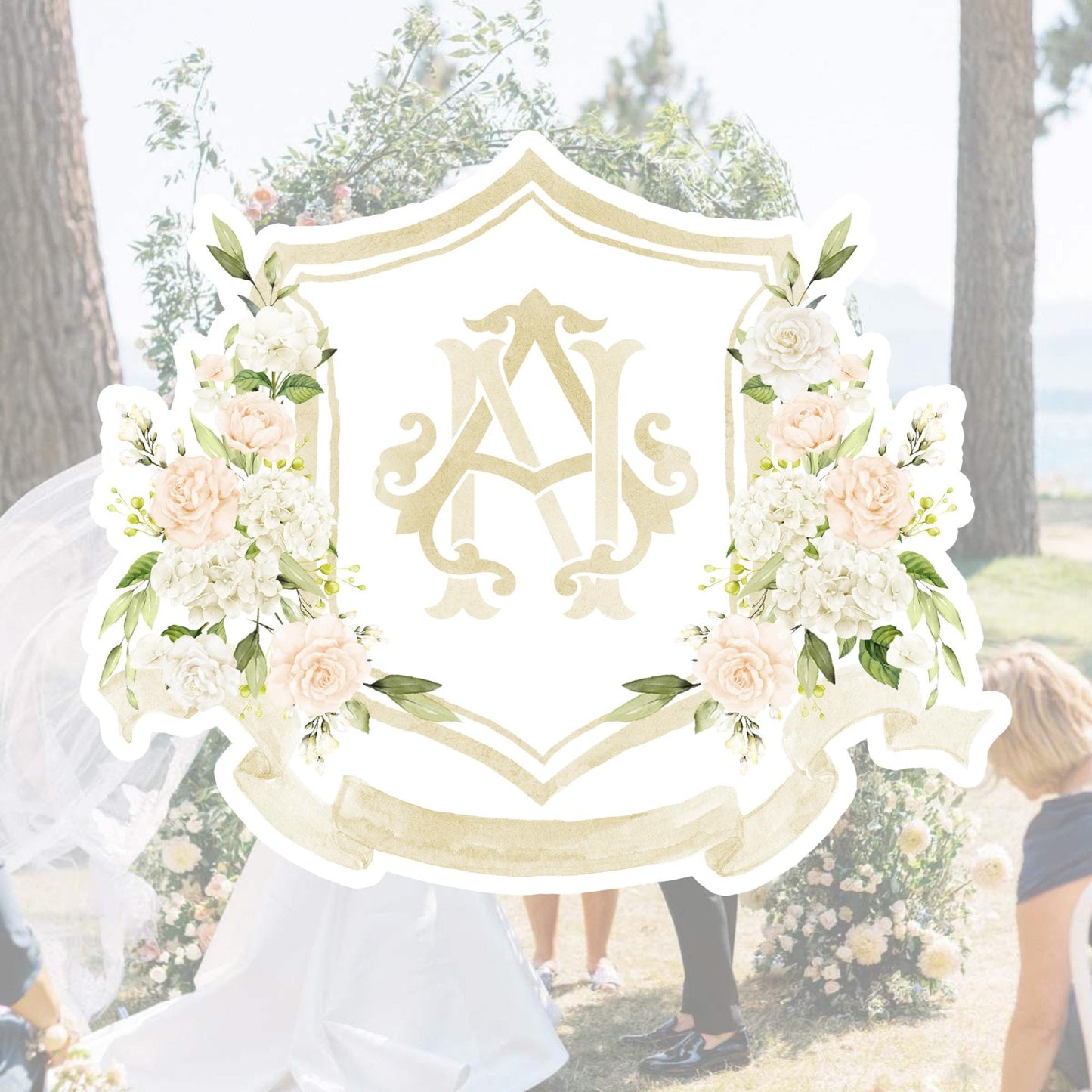 White Hydrangea Flower Wedding Crest - Monogram Crest - Peony Blush Rose Hydrangea Floral Luxury Watercolor Wedding Crest