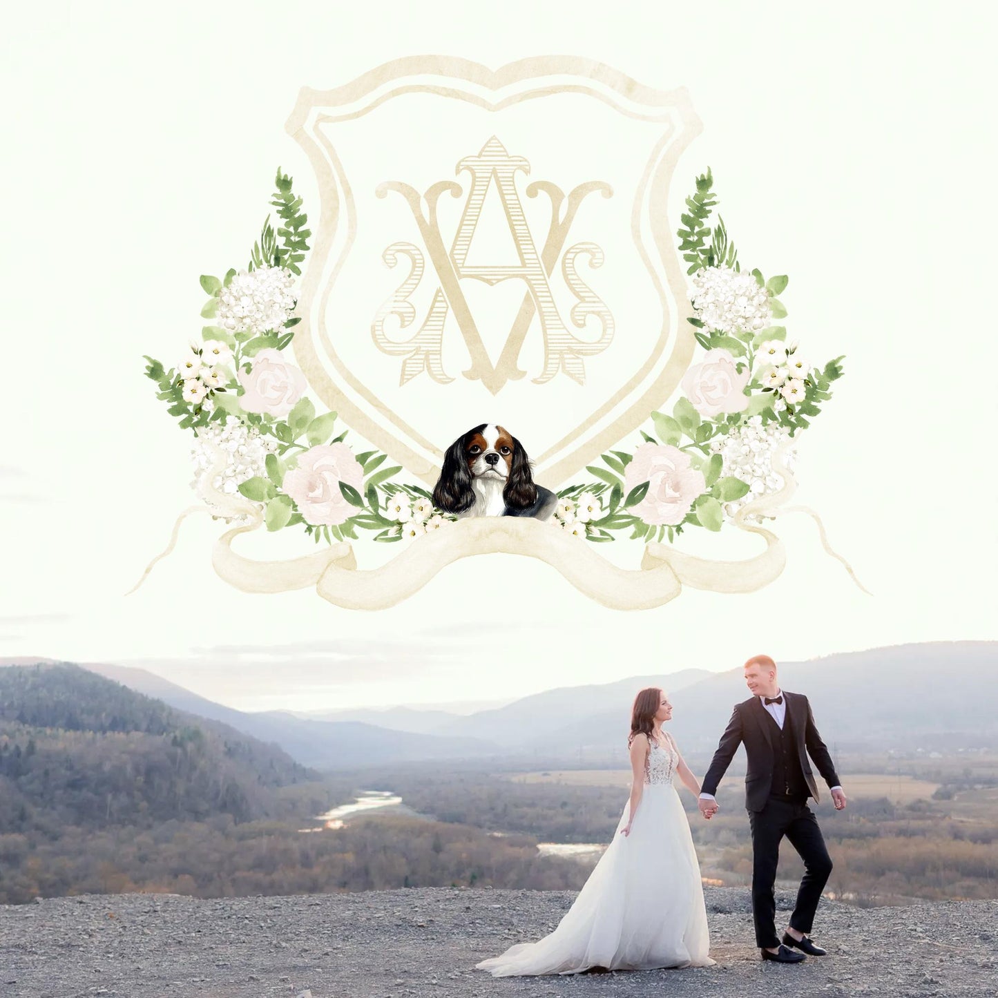 Hydrangea White Rose Greenery Flower Wedding Crest - Monogram Crest - Hydrangea White Floral Watercolor Wedding Crest Romantic Wedding Crest