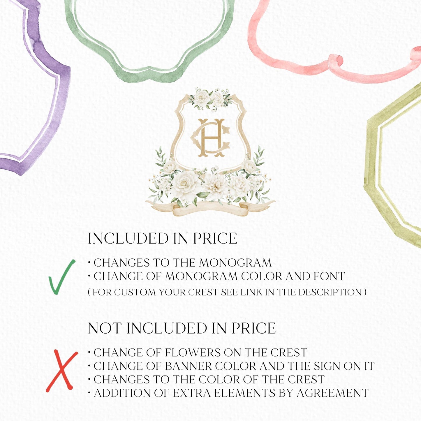 White Rose Greenery Hydrangea Flower Wedding Crest - Monogram Crest - Hydrangea White Floral Watercolor Wedding Crest Romantic Wedding Crest
