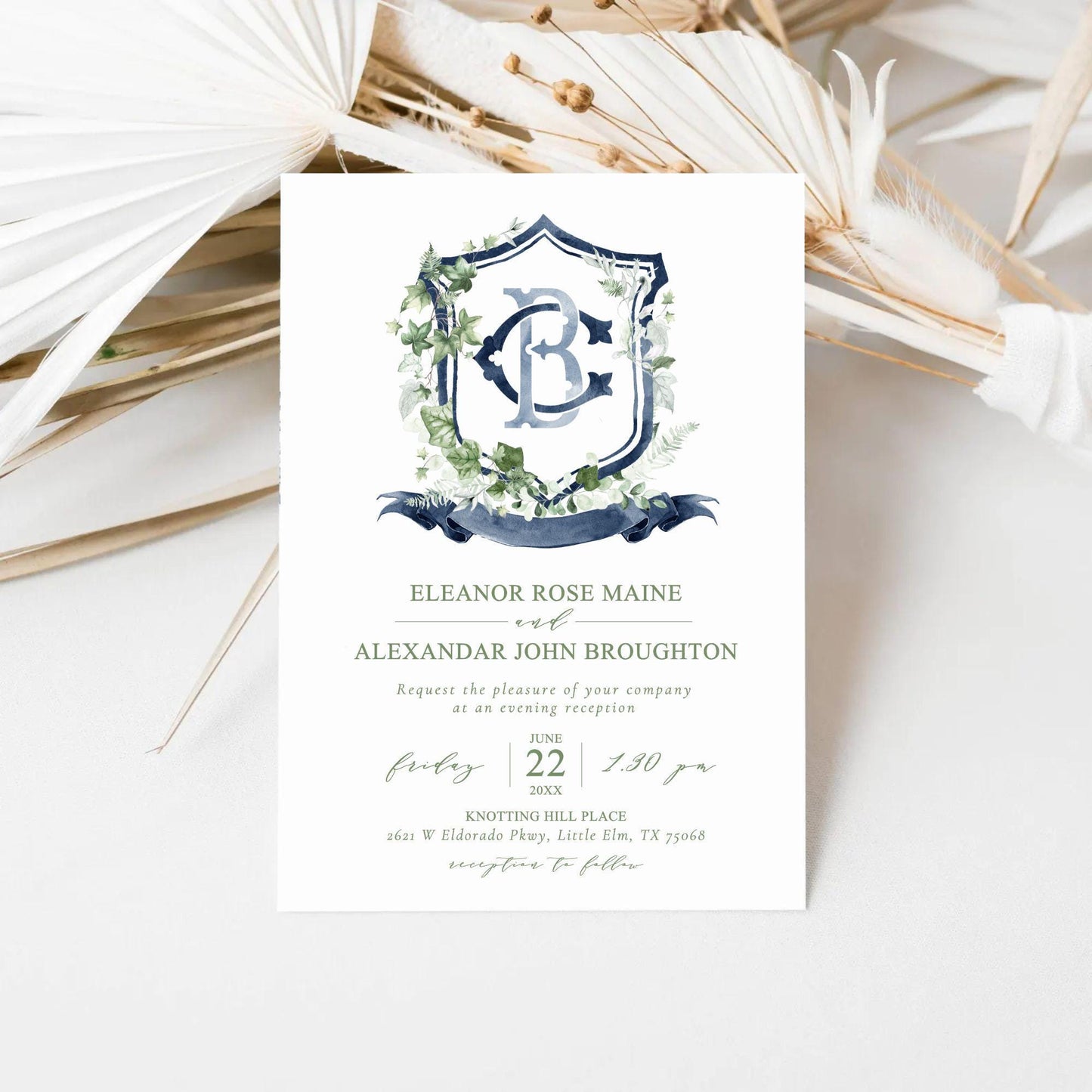 Ivy Vines Greenery Flower Wedding Crest - Monogram Crest - Green Leaf Branch Watercolor Wedding Crest - Romantic Wedding Crest