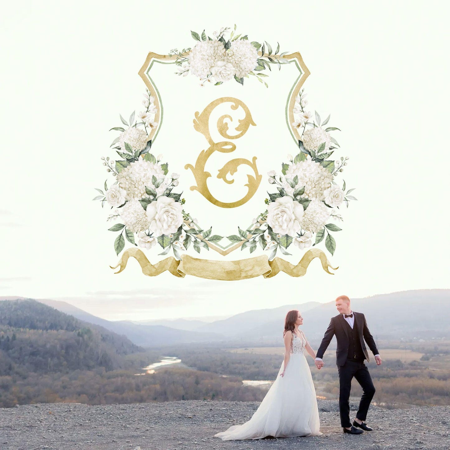 White Gold Hydrangea Flower Wedding Crest - Monogram Crest - Hydrangea Floral Luxury Watercolor Wedding Crest - Romantic Wedding Crest