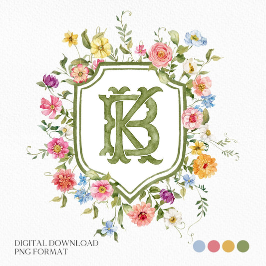 Wildflowers Bright Floral Colorful Watercolor Wedding Crest - Monogram Crest - Floral Watercolor Wedding Crest - Romantic Wedding Crest