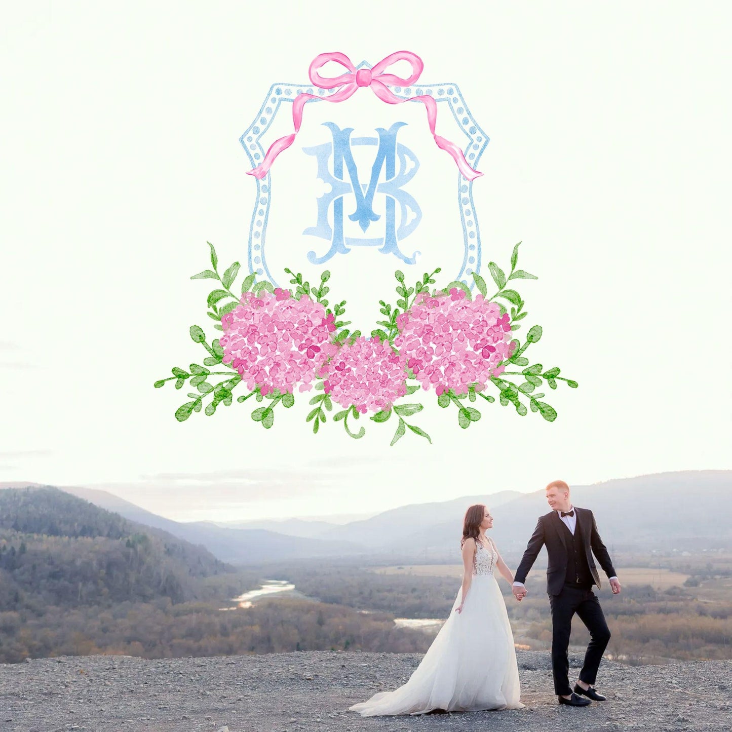 Hydrangea Pink Bow Crest Flower Wedding Crest - Monogram Crest - Hydrangea Pink Luxury Watercolor Wedding Crest - Romantic Wedding Crest